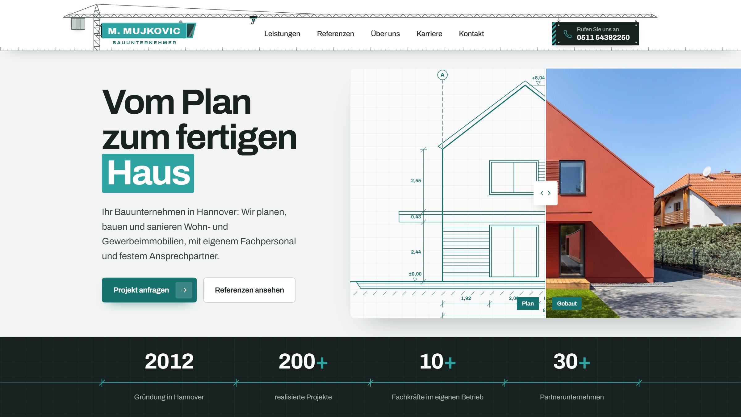 Startseite von mujkovic.de: Bauplan und Foto eines Hauses mit Vergleichsschieber