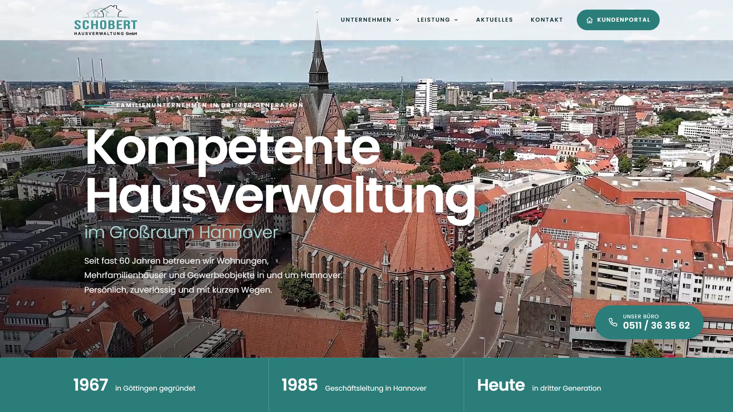 Startseite von hv-schobert.de: Luftaufnahme von Hannover mit der Überschrift Kompetente Hausverwaltung