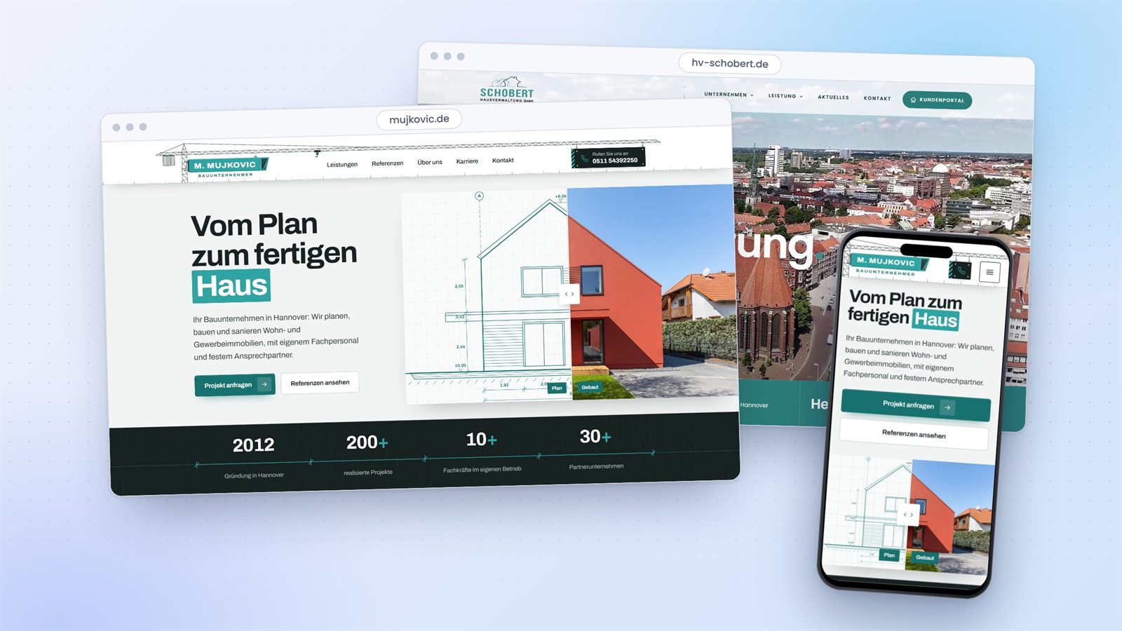 Webseiten von M. Mujkovic Bauunternehmer und Hausverwaltung Schobert im Browser und auf dem Handy